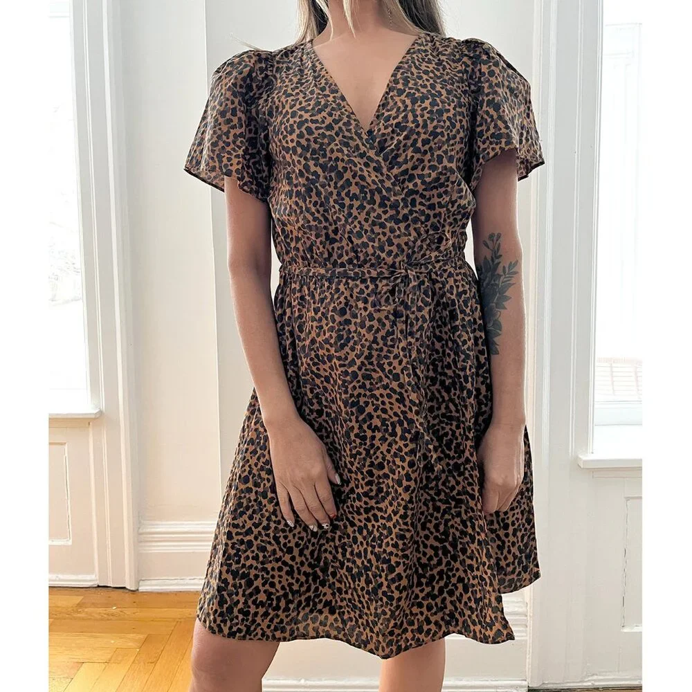 Animal Print Wrap Dress – Short Flared Sleeves, Size Small